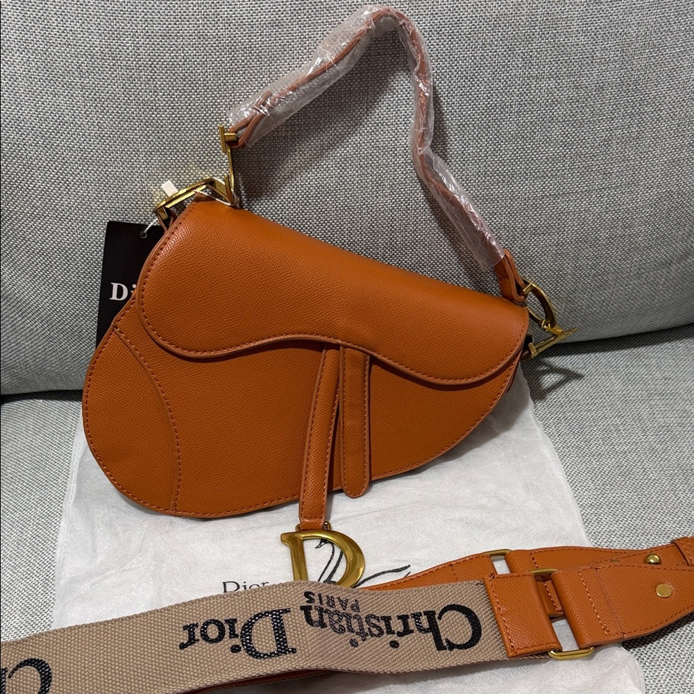 Orange Saddle Shoulder Bag with Gold Hardware